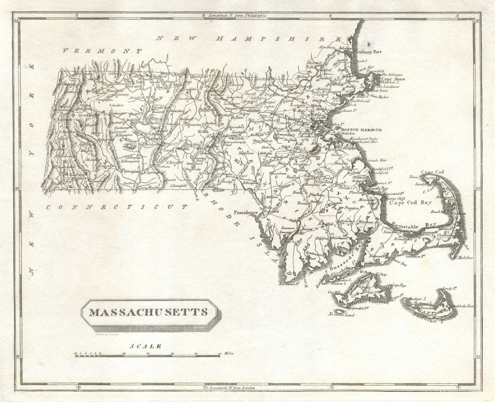 Massachusetts state map by Arrowsmith & Lewis 1812 old antique plan chart